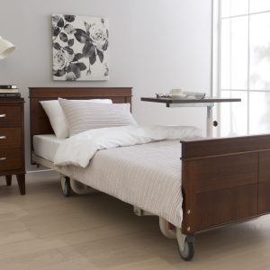 A visual of the full Rylestone bed, bedside table and overbed table range
